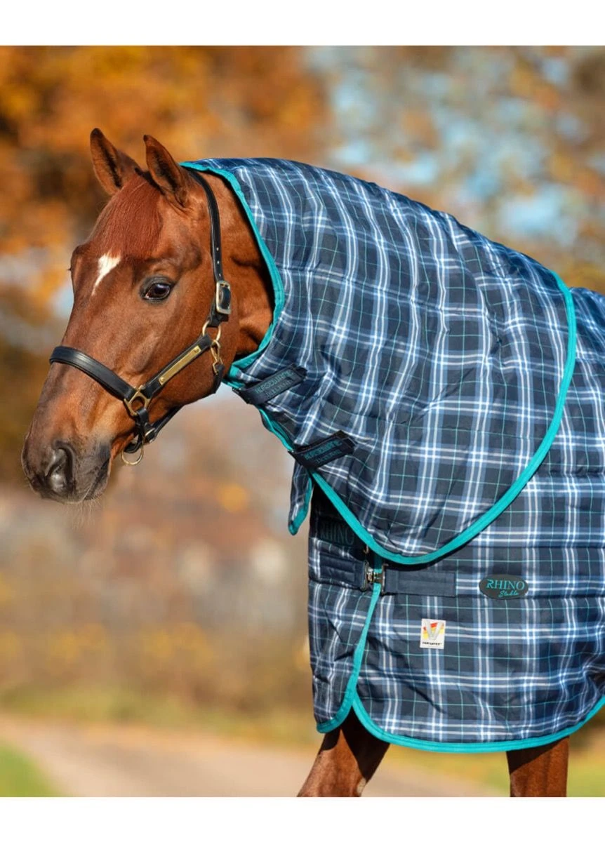 Rhino Original Stable Hood For Heavy - Navy Check/Teal 3 Rhino Original Stable Hood For Heavy - Navy Check/Teal